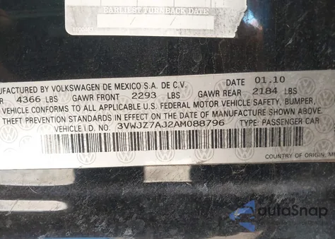 2010 Volkswagen Jetta S z USA, uszkodzony, nr VIN 3VWJZ7AJ2AM088796